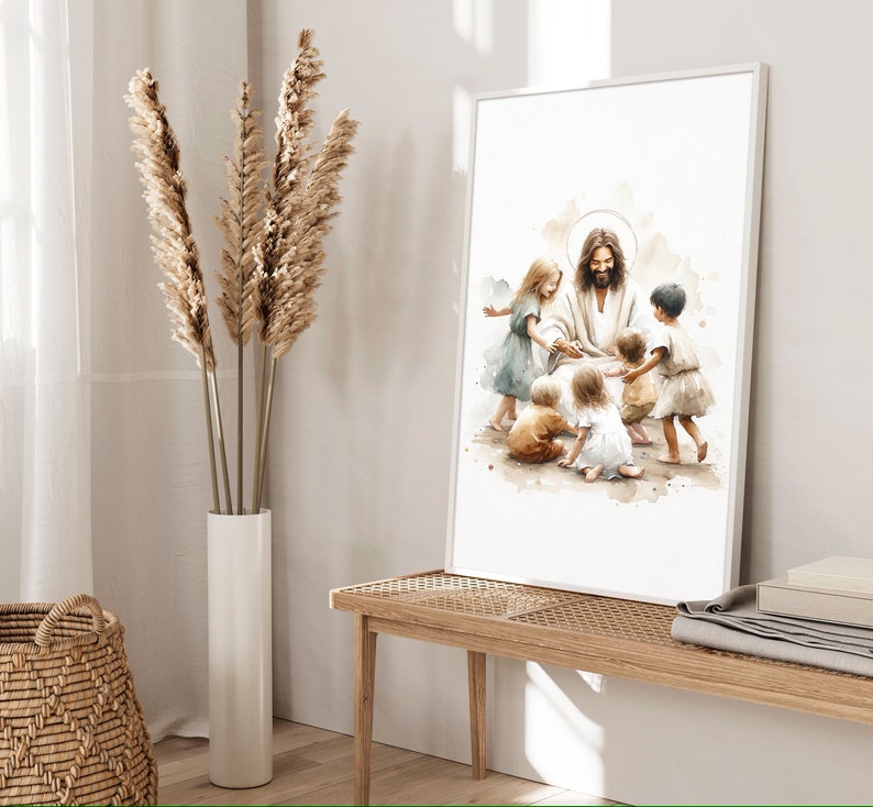 May include: A watercolor painting of Jesus surrounded by children. The children are all smiling and looking at Jesus. The painting is in a white frame and is hanging on a wall.