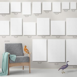 May include: A variety of blank canvas sizes for painting, ranging from 8x8 inches to 24x36 inches. The canvases are displayed on a wall with a chair and a plant in the foreground.