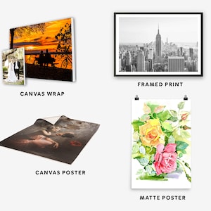 May include: Four different ways to display artwork: a framed print, a canvas wrap, a canvas poster, and a matte poster. The framed print shows a black and white cityscape with a tall building in the center. The canvas wrap shows a sunset over a lake with two people sitting on a bench. The canvas poster shows a woman in a pink dress with a red rose. The matte poster shows a watercolor painting of yellow and pink roses.