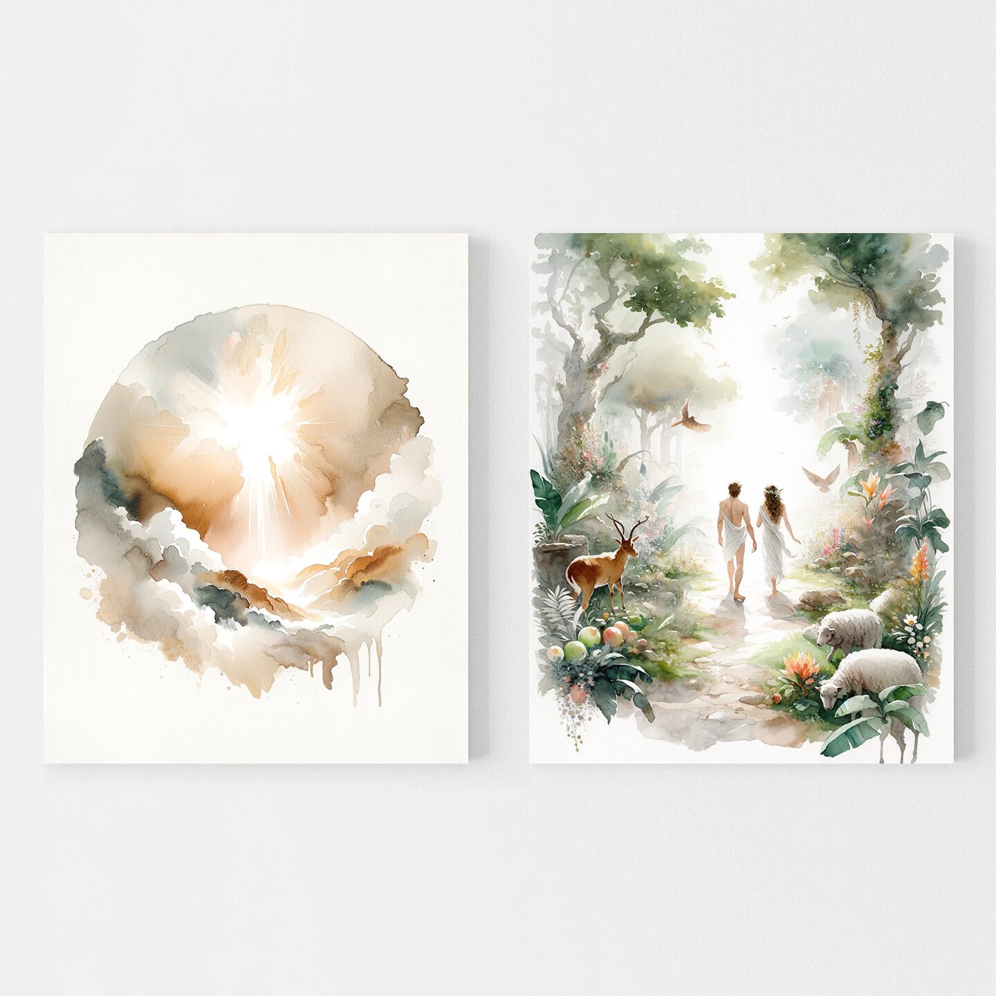 Adam & Eve Creation of the World Bible Scene Set of 2 Scripture Canvas ...
