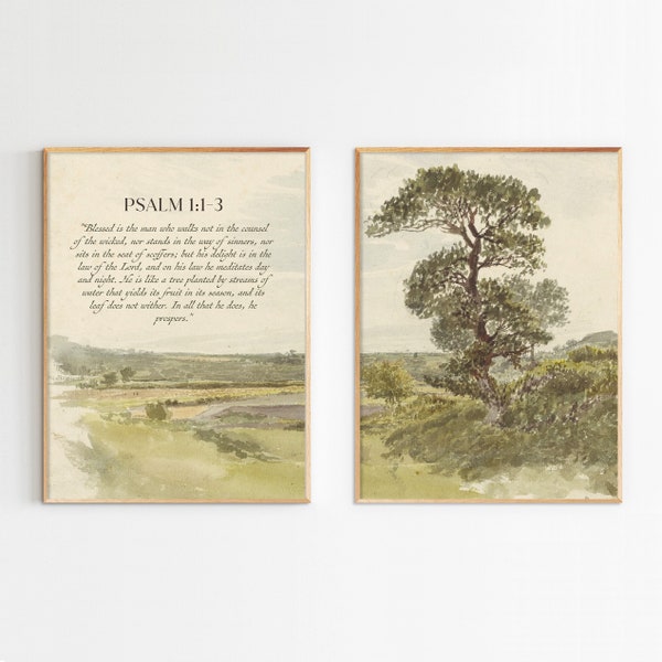 Psalm 1:1-3 Set of 2 Modern Scripture Bible Verse Canvas Wall Art Poster Gift Watercolor Landscape Boho Christian Print Home Easter Print