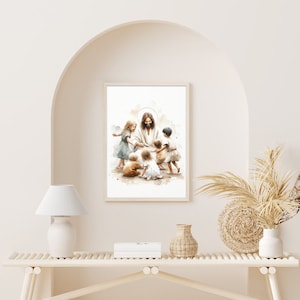 May include: A watercolor painting of Jesus surrounded by children. The children are all smiling and looking at Jesus. The painting is set against a white background.