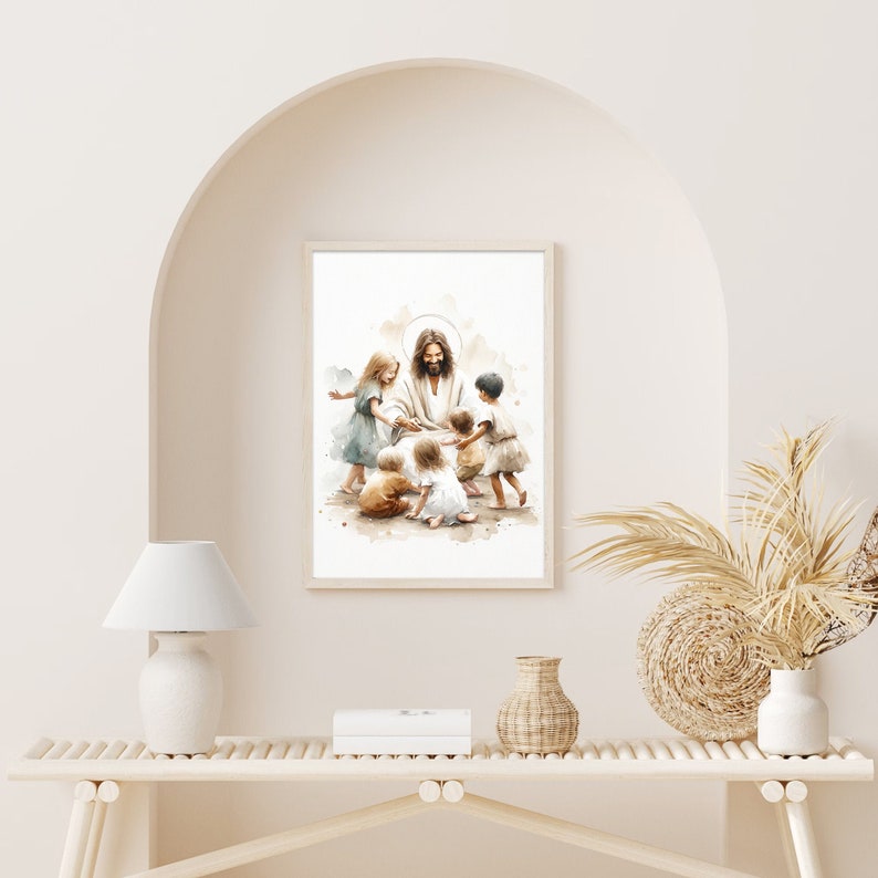 May include: A watercolor painting of Jesus surrounded by children. The children are all smiling and looking at Jesus. The painting is set against a white background.