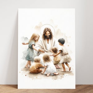 Jesus Playing with Children Watercolor Wall Art Poster Kids Bible Art Scene Modern Boho Christian Scripture Gift Canvas Print Christian Gift image 7