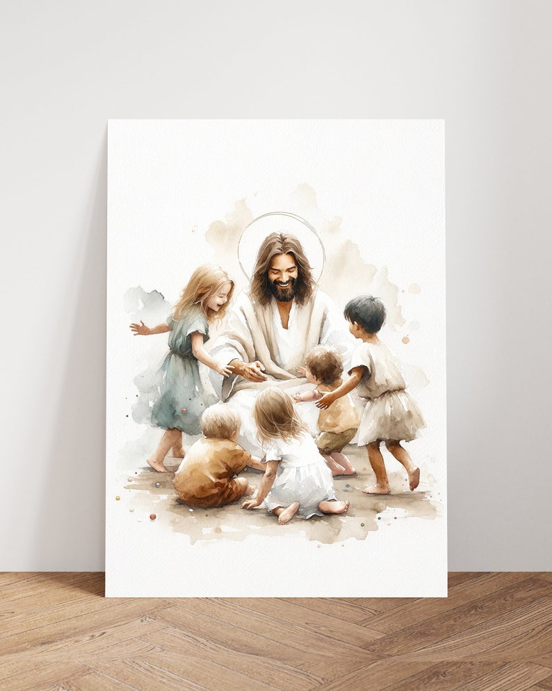 Jesus Playing with Children Watercolor Wall Art Poster Kids Bible Art Scene Modern Boho Christian Scripture Gift Canvas Print Christian Gift image 7