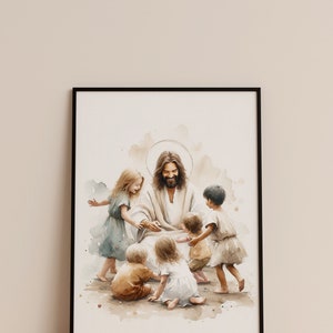 May include: A watercolor painting of Jesus surrounded by children. He is sitting on the ground with his arms outstretched, and the children are reaching out to him. The painting is done in a soft, muted palette of browns, blues, and greens.