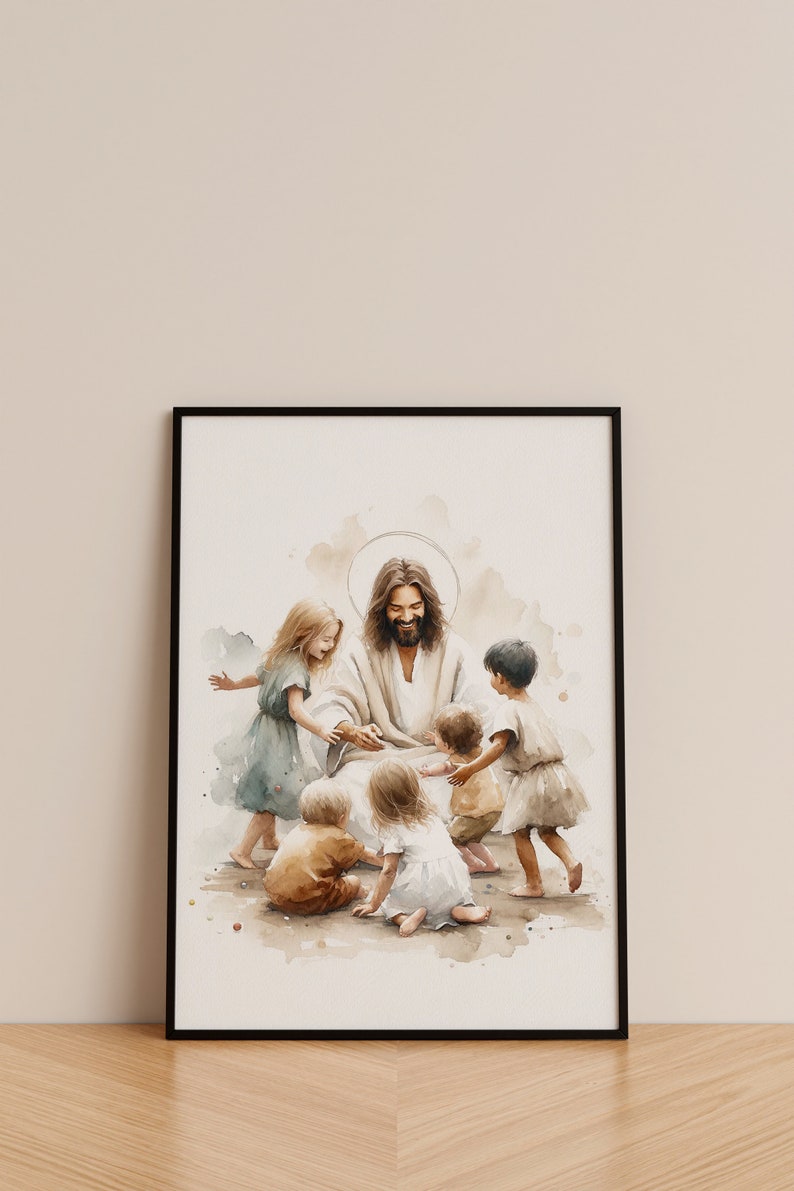 May include: A watercolor painting of Jesus surrounded by children. He is sitting on the ground with his arms outstretched, and the children are reaching out to him. The painting is done in a soft, muted palette of browns, blues, and greens.