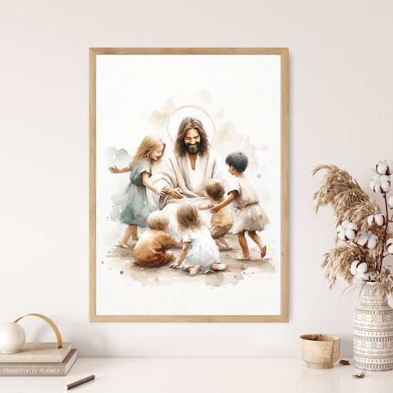 Jesus Playing with Children Watercolor Wall Art Poster Kids Bible Art Scene Modern Boho Christian Scripture Gift Canvas Print Christian Gift