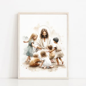May include: A watercolor painting of Jesus with a halo, surrounded by five children. The children are smiling and playing around Jesus, who is sitting and smiling at them. The painting is done in soft, muted colors and has a gentle, loving feel.