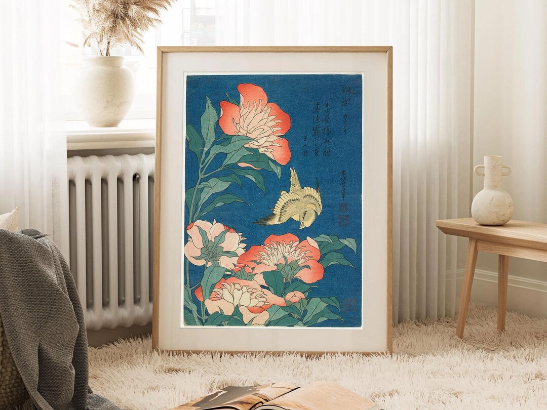 Vintage Botanical Printable Peony Floral Bird Japanese Wall Art Hokusai ...