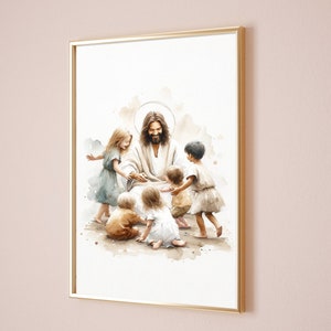 May include: A watercolor painting of Jesus surrounded by children. He is wearing a white robe and has a halo above his head. The children are all dressed in simple clothing and are looking up at Jesus with smiles on their faces.