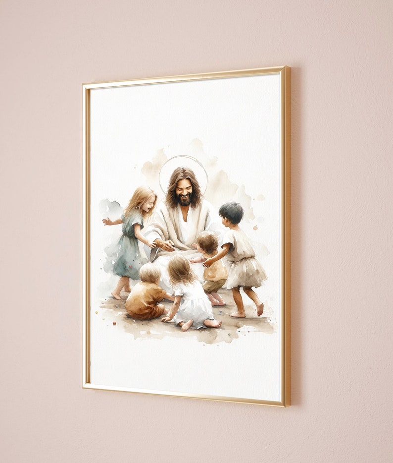 May include: A watercolor painting of Jesus surrounded by children. He is wearing a white robe and has a halo above his head. The children are all dressed in simple clothing and are looking up at Jesus with smiles on their faces.