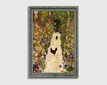 Klimt Garden Path Canvas Floral Landscape Chickens Vintage Botanical Framed Poster