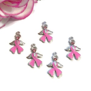 Pink Enamel Angel Awareness Ribbon Pendant Charms - Hope Breast Cancer Jewelry Survivor Support Save the Tatas Cure Fight Crystal Wing Charm