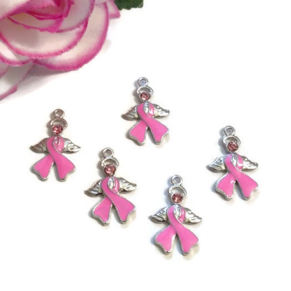Pink Enamel Angel Awareness Ribbon Pendant Charms - Hope Breast Cancer Jewelry Survivor Support Save the Tatas Cure Fight Crystal Wing Charm