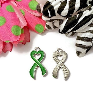 Green Heart Awareness Ribbon Charm- Mental Health Support Liver Cancers Kidney Lyme Disease Cerebral Palsy Bi-Polar Disorder