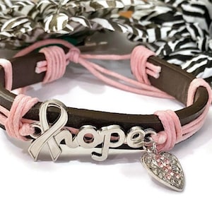 Hopp Rosa Brunt Läderarmband - Rosa Bröstcancermedvetenhet Överlevande Hopp Bot Stöd Smycken Gåvor