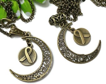 1 Pc Handmade Antique Bronze Finish Awareness Ribbon Half Moon Necklace - Awareness All-Causes Cancer Cure Survivor Support Hope Giftss