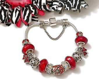 1Pc Red Awareness Charm Bracelet - Heart Disease CHF Stroke HIV/AIDS Substance Abuse M.A.D.D. Blood Disorders Hope Cancer Cure Support