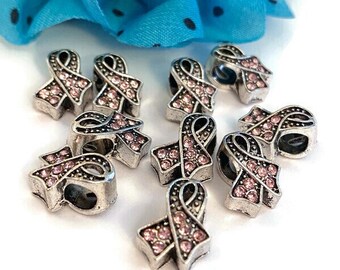 Pink Rhinestone Bling Awareness Ribbon Slide Bead Charms - Breast Cancer Support Hope Cure Jewelry Survivor Save the Tatas Bead Charms