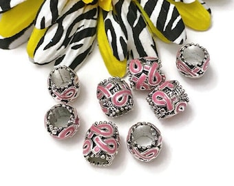Hot Pink Ribbon Awareness European Slider Bead Charm - Breast Cancer Support Hope Faith Jewelry Survivor Fighter Cure Charm Beads