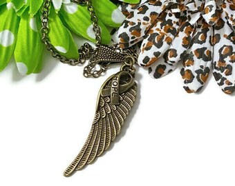 1 Pc Handmade Antique Bronze Wing & Hope Awareness Ribbon Necklace - All-Causes Awareness Support Cancer Survivor Cure Hope Jewelry Gifts