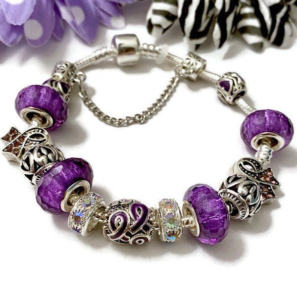 1 Pc Purple Awareness Charm Bracelet - Alzheimer's Dementia Lupus Epilepsy Pancreatic Cancer Fibromyalgia Hodgkin's Lymphoma Jewelry