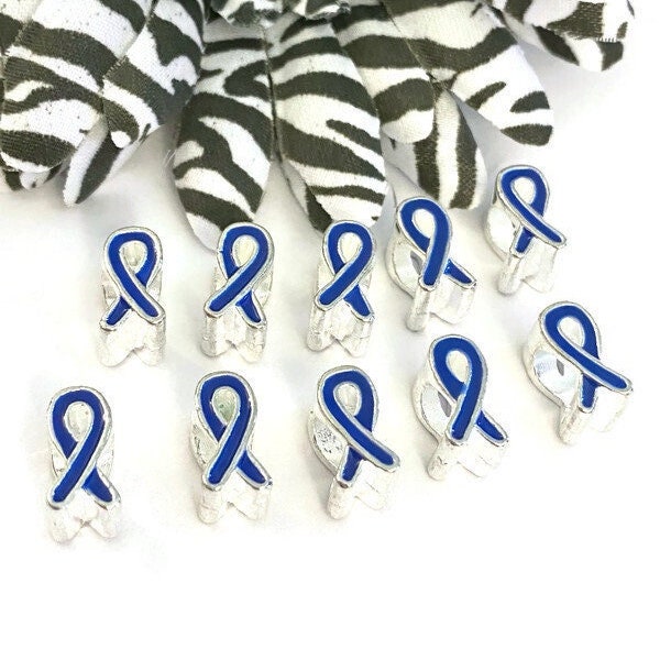 10 Pc Blue Awareness Ribbon Slide Bead Charms - Prostate Cancer Men's Health Pro Choice Spay/Neuter Pets Thyroid Disease Alopecia