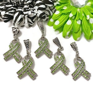 1 Pc Green Luxurious Rhinestone Awareness Ribbon Pendant - Mental Health Bi-Polar Disorder Lyme Kidney Disease Liver Cancer Cerebral Palsy