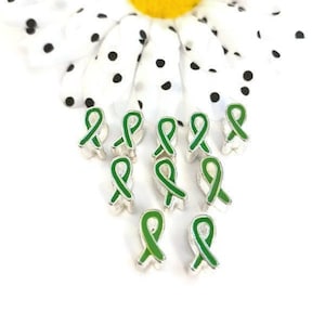 10 Pc Green Awareness Ribbon Slide Bead Charms - Mental Health Support Bi-Polar Disorder Lyme Kidney Disease Liver Cancer Cerebral Palsy