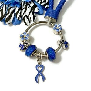 May include: A blue charm bracelet with a blue ribbon charm, blue flower charms, and a blue and white zebra print charm. The bracelet is attached to a blue leather cord.