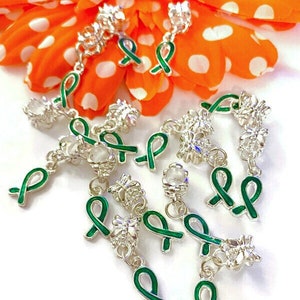 5 Pc Dark Green Awareness Ribbon Dangle Charm - Mental Health Support Bi-Polar Disorder Lyme Kidney Disease Liver Cancer Cerebral Palsy Cure
