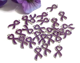 Purple Heart Awareness Ribbon Pendant Charms - Alzheimer's Dementia Lupus Epilepsy Pancreatic Cancer Fibromyalgia Hodgkin's Lymphoma Support
