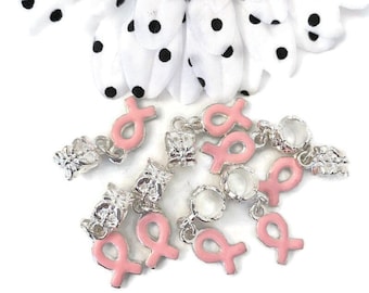 10Pc Light Pink Dangle Awareness Ribbon Pendant Charm - Breast Cancer Support Hope Jewelry Survivor Awareness Charms