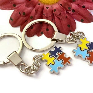 May include: Two silver keychains with a blue, yellow, red, and black puzzle piece charm. The charms are connected by a silver chain.