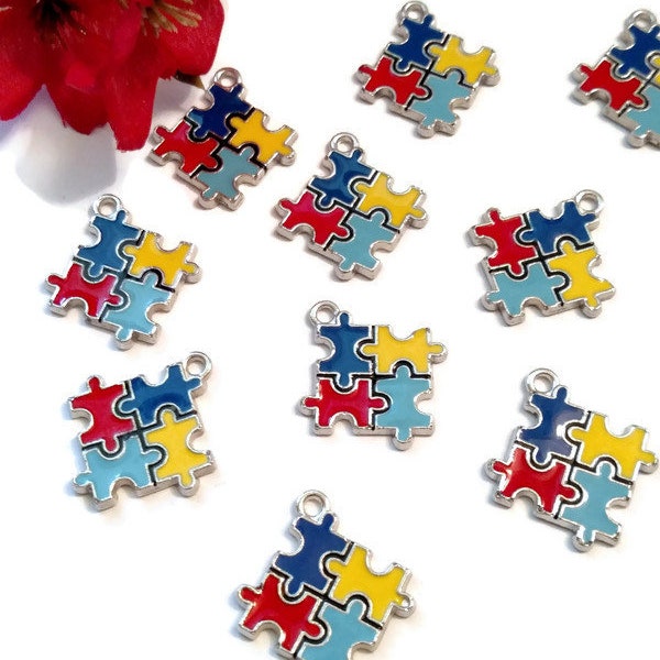 5 Pcs Autism Awareness Enamel Pendant Charms - Puzzle Inspirational Autistic Awareness Asperger's Spectrum Disorders Puzzle Piece Jewelry