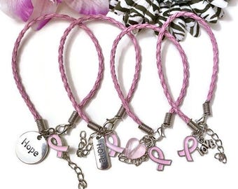 1 Pulsera con dije de piel sintética rosa para el cáncer de mama - Joyería de esperanza para sobrevivientes de cáncer de mama, luchadores, fuerza, cura, salven los senos, regalos de apoyo