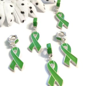 Green Awareness Ribbon Pendant Dangle Charms - Lyme Disease Liver Cancer Kidney Disease Cerebral Palsy Bipolar Disorder Depression Awareness
