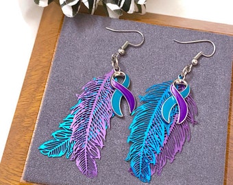 Suicide Feather Handmade Charm Awareness Earrings - Suicide Awareness Support Loss Hope My Story Isn't Over Yet Feather Earrings Gifts