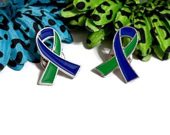 Broche de lazo verde y azul con lazo de concienciación: neurofibromatosis, citomegalovirus (CMV), adrenoleucodistrofia, pseudotumor cerebral, esperanza, cura.