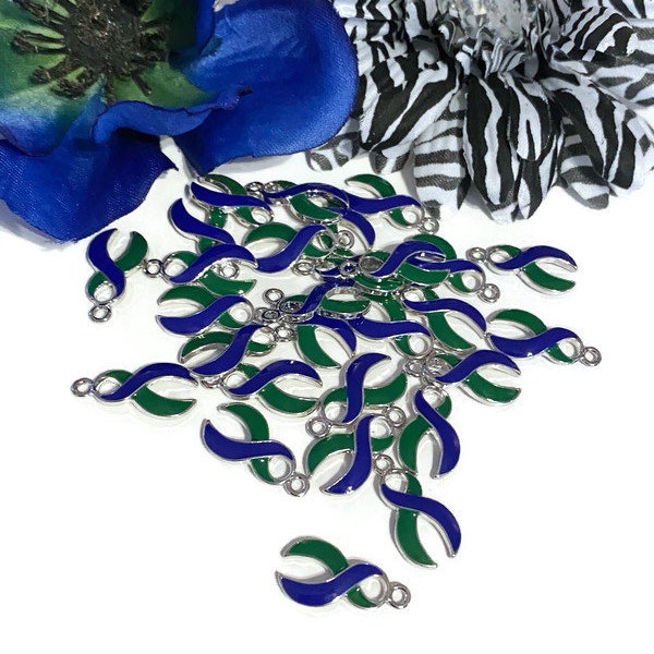 Green & Blue Ribbon Awareness Charm Pendant- Neurofibromatosis, Cytomegalovirus / CMV, Adrenoleukodystrophy, Pseudotumor Cerebri, Hope, Cure