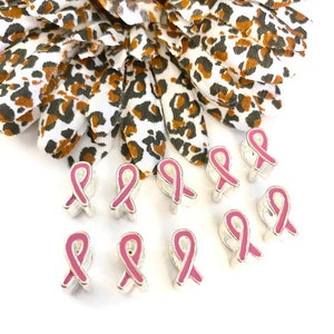 10Pc Pink Awareness Ribbon Slide Bead Charms - Breast Cancer Support Hope Jewelry Survivor Charms