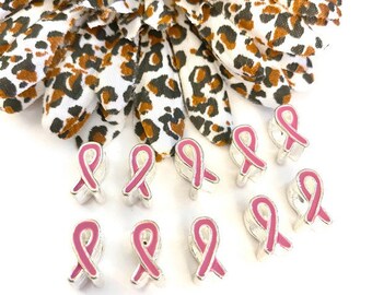 10Pc Pink Awareness Ribbon Slide Bead Charms - Breast Cancer Support Hope Jewelry Survivor Charms