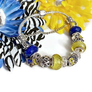 1 Pc Down Syndrome Awareness Charm Bracelet - Blue & Yellow Down Syndrome Awareness Support Hope Faith Jewelry Gifts