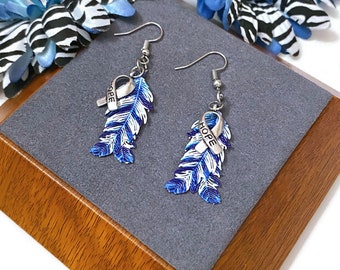 Blue & White Hope Feather Awareness Drop Earrings - Hope Cancer Cure Support Inspirational Gifts Jewelry Awareness Bling Survivor Believe