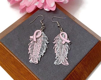 1 par de aretes de lazo rosa y plateado con concientización sobre el cáncer de mama: esperanza, apoyo, superviviente, cura, salvar a las mamás, lucha, joyas, regalos.