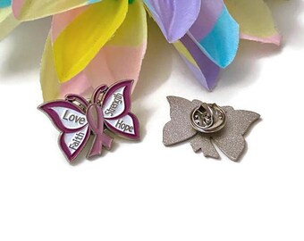1 Pin con mensaje inspirador de mariposa rosa: esperanza, cáncer de mama, fuerza, superviviente, apoyo, cura, salvar a las mamás, lucha.