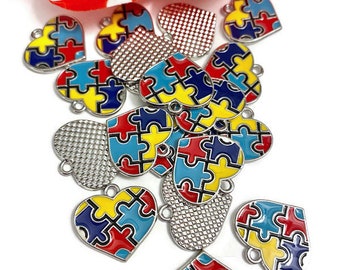 Autism Heart Awareness Enamel Pendant Charms - Puzzle Inspirational Autistic Asperger’s Hope Cure Spectrum Disorders Support