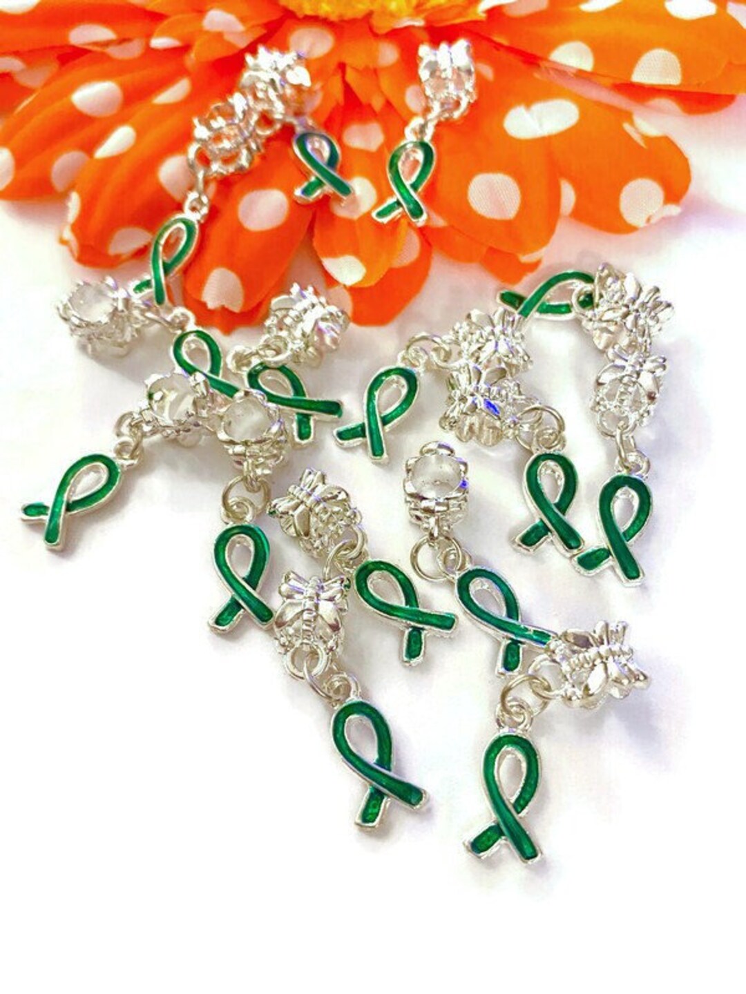 5 Pc Dark Green Awareness Ribbon Dangle Charm - Mental Health Support ...