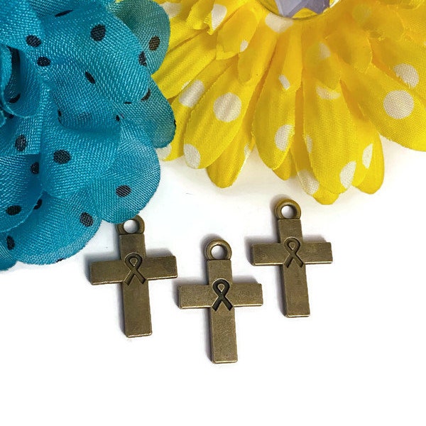 Antique Bronze Tone Awareness Ribbon Religious Double-Sided Cross Charm-Religious Faith Cancer Cure Support Trust in God Hope Survivor Cross